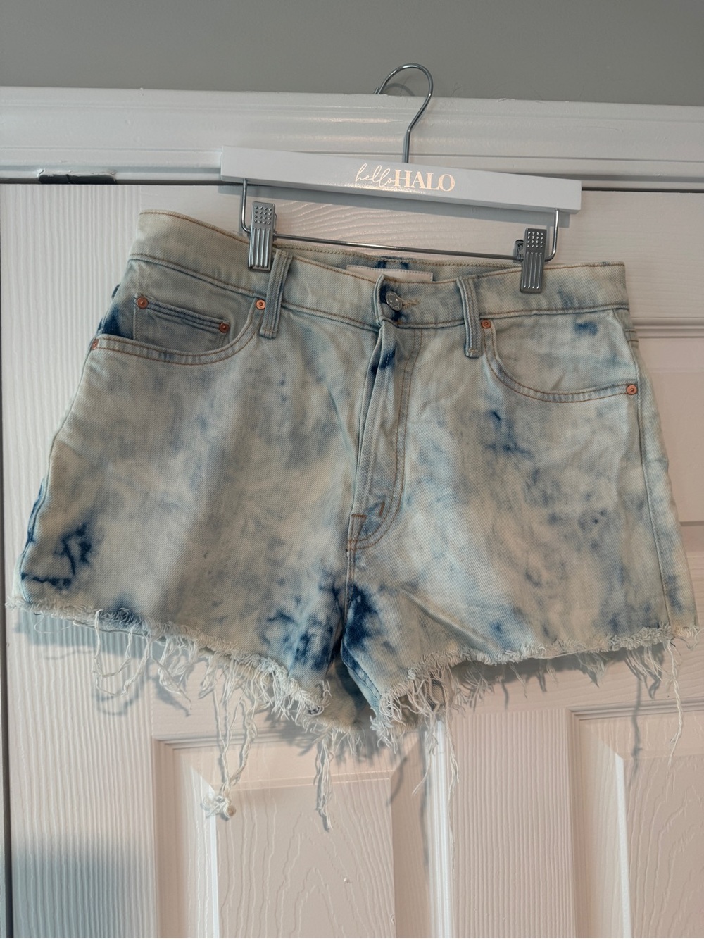 MOTHER Light Blue Tie-Dye Cutoff Denim Shorts